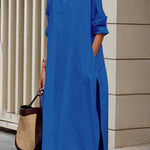 A-Line Long Sleeves Buttoned Pockets Solid Color Split-Side Lapel Midi Shirt Dresses