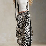 Retro Black And White Color-Blocked Knit T-Shirt And Zebra-Print Faux Suede Trim Pants Set