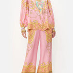 Margovil Unique Print Lantern Long Sleeves Blouse Shirt and Wide Leg Pants Holiday Outfit Set