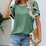 Pom-Pom Trim Flutter Sleeve Round Neck Tee Casual Blouses Tops