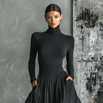 Women's Fashion All Black Skinny Turtleneck T-shirt Pleated Skirt Set