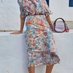 Holiday Floral Print Top & Skirt Two-Piece Set