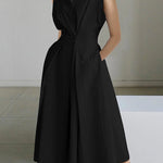 Sleeveless Solid Color Lapel Midi Dresses