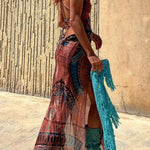 Gypsy Style Unique Print Cowl Neck Back Lace-up Slit Midi Dress