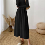 Long-Sleeve High Neck Plain Ribbed Midi A-Line Knit Dress