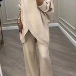 Solid Color Loose-fitting Turtleneck Knit Top and Elastic Waist Casual Pocket Straight Leg Pants
