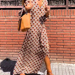 Nadorine Women's Boho Geometric Figure V Neck Long Sleeve Split-Side Long Dresses