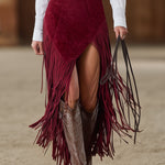 Western Retro Red Faux Suede Slit Fringe Midi Skirt