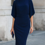 Elegant Navy Blue Batwing Sleeve Midi Sheath Dress