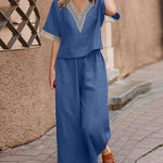 Loose Fit Lace Patchwork Shirt and Wide-Leg Pants Two-Piece Set