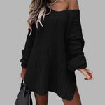 Loose Mid-length Off-shoulder V-neck Slit Knitted Sweater