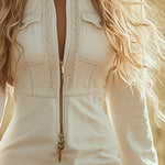 Vintage Western Cowboy Off-White Faux Denim Half-Zip Tassel Long-Sleeved Maxi Dress