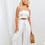 Wide Leg Flowy Pants Summer Boho Elastic Waist Drawstring Palazzo Trousers