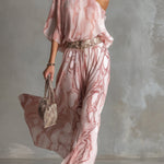 Retro Urban Style Pink Snake Print One-shoulder T-shirt And Wide-leg Pants Set