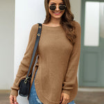 Nadorine Crew Neck Long Sleeve Slit Pullover Knit Sweater