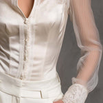 Elegant Lace-Panel Satin Blouse With Sheer Sleeves