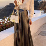 Fashionable Metallic Pleated Back Elastic Waist Maxi Skirt