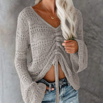 Front Tie Crop Knits Tops Ruched Drawstring Knitted V Neck Long Sleeve T Shirts