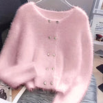 Luna ��� Fluffy Heart-Button Knit Sweater
