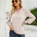 Nadorine V Neck Tops Solid Color Blouse Long Sleeve Pullover Lace Patchwork Shirt