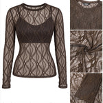Women's Jacquard Textured Sheer Lace Long Sleeve Top Crewneck Slim Fit Tee with Thumb Holes