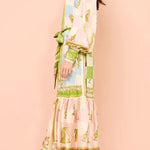 Garden Party Satin Unique Print Balloon Sleeve Belted Shirt Maxi Dress