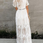 Nadorine Women's Boho Maxi Dress Embroidery White Lace Loose Holiday Beach Maxi Dress