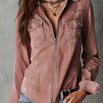 Western Soft Faded Dusty Rose Washed Denim Zip Shirt