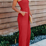 Red Smocked Ruffle Strap Pocket Wide Leg Jumpsuit