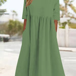 Nadorine Women's Beach Short Sleeve Scoop Neck Ruffle Swing Casual Boho Midi Dress with Pockets