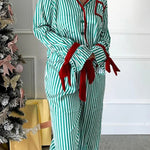 Striped Printed Color-blocked Trim Long-sleeved Loose Top and Elastic Waist Belt Wide-leg Pants Set