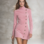 Retro-style Stand-up Collar Decorative Buttons Faux Suede Mini Dress