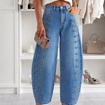 Women's Barrel Jeans High Waisted Side Button Denim Pants Distressed Washed Baggy Trousers Retro Y2K Streetwear
