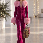 Fashion Retro Rose Red Velvet Faux Fur Collar Long Sleeve Flared Jumpsuit