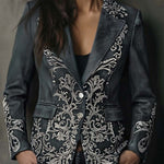 Embossed Floral Eco-Suede Blazer In Charcoal Taupe
