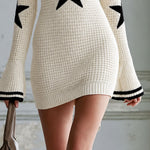 Retro Star Pattern White V-neck Bell Sleeve Knit Mini Dress
