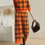 Wide Leg Contrast Color Plaid Pockets Pants