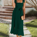 Tie-straps Ruffled Square Collar Sleeveless Slit Mid-length Dress