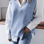 V-neck Knit Sweater Vest Loose Fit Casual Vintage Classic Sleeveless Crop Sweater Tops