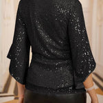 Solid Color Sequined V-neck Hollow Sleeve Slim Fit Top
