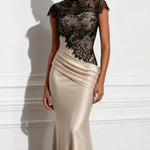 Champagne-colored satin mermaid gown with black lace