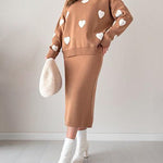 Nadorine Women's Chic Two-piece Set Hearts Knit Pullover and Hip Wrap Skirt