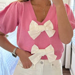 V-Neck Short-Sleeved Double Bow Solid Color Sweater