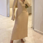 Long Sleeve Dress V-Neck Knit Maxi Dress Ribbed Elegant Long High Waist Pleated Dresses