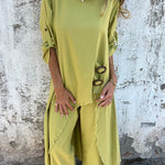 Jamilah Linen Blend Ring Detail Midi Blouse and Elastic Waist Pocketed Loose Pants Set
