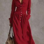 High Waisted Long Sleeves Buttoned Pleated Pockets Solid Color Split-Joint Lapel Maxi Dresses
