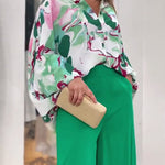 Two Piece Sets Long Puff Sleeve Shirt and Wide Leg Pants Streetwear Elegant Printed Vintage Sets