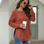 Nadorine Crew Neck Long Sleeve Slit Pullover Knit Sweater