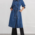Retro Mid-length Denim Jacket Loose Fit Double-breasted Denim Jacket Windbreaker with Belt