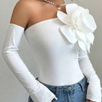 Long Sleeves Skinny Solid Color Three-Dimensional Flower One-Shoulder T-Shirts Tops